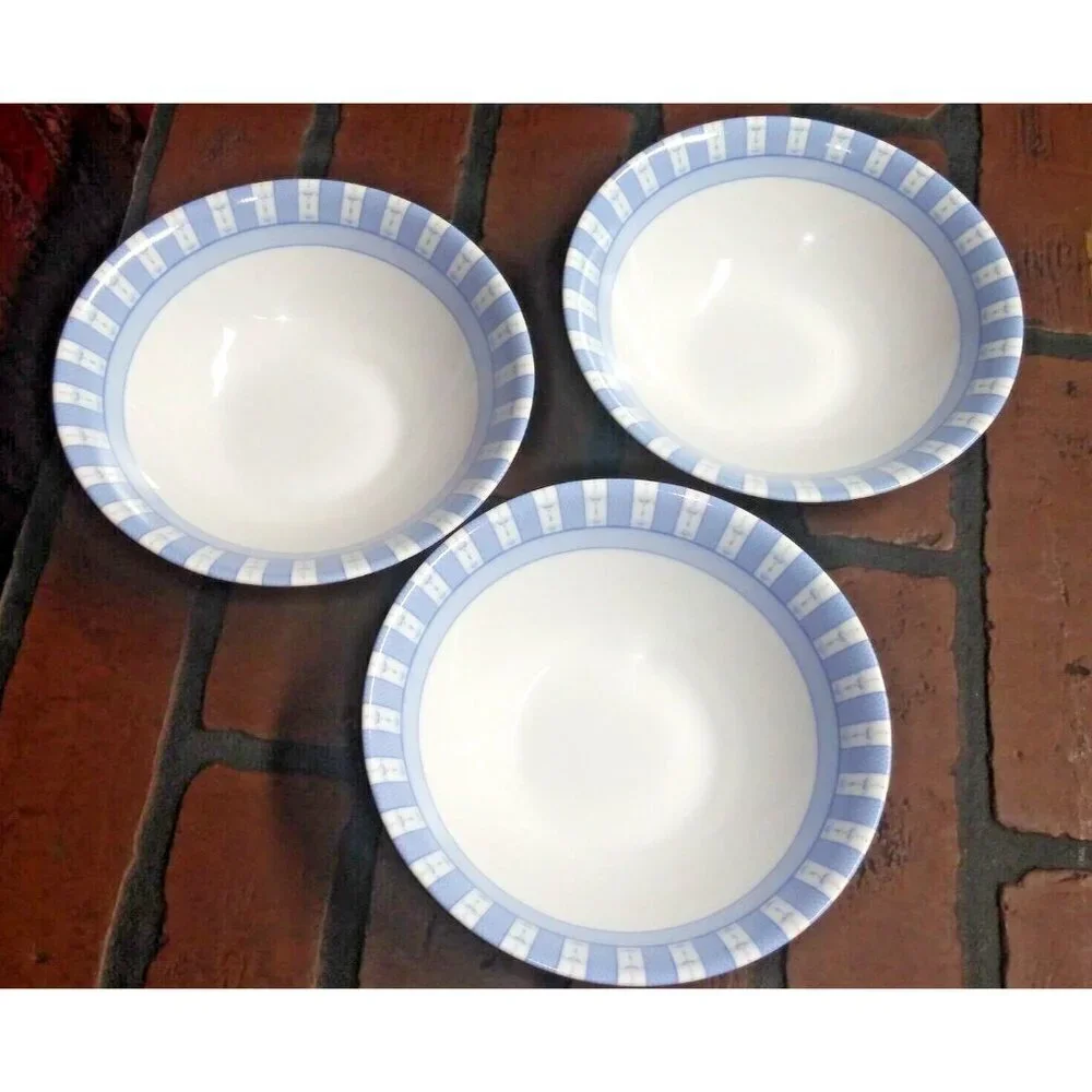 3 Martha Stewart Cereal Bowls Everyday Blue White Garden Trellis France Glass